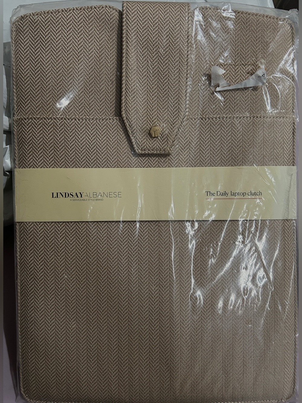 Lindsay Albanese The Daily Laptop Clutch Sleeve Case Tan Herringbone Fits 14.5”